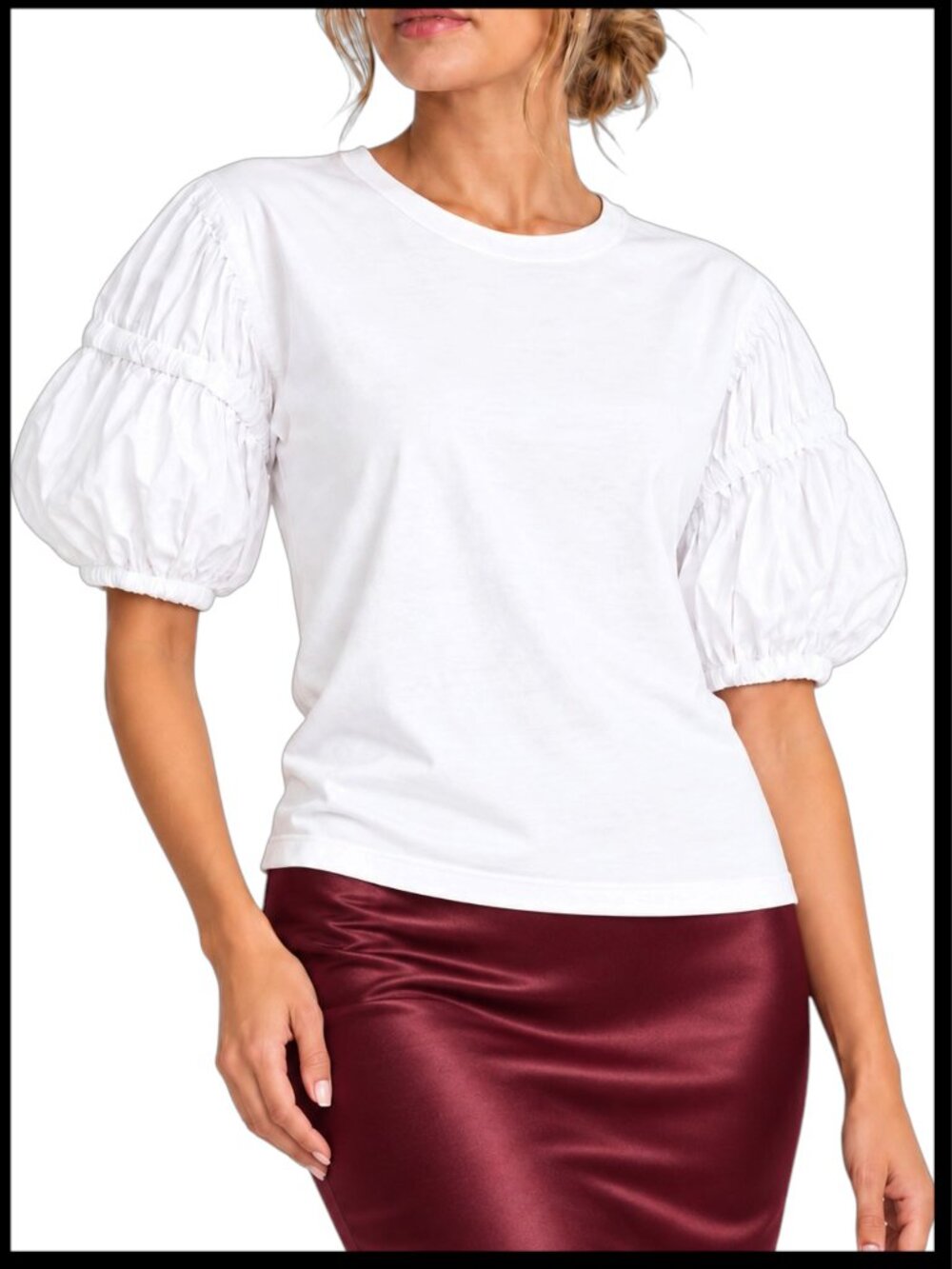 A.L.C. Kora White Cotton Ruched Puff Sleeve Top M
